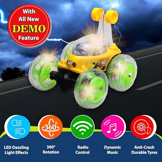 Gooyo 9802 Rechargeable 5 Functions 360? Rotating & Rolling Big Stunt Car Toy with USB Cable & Remote Controller with Demo Feature | Yellow Color, Power Source: Lithium Battery in Car (Included) - Image 3