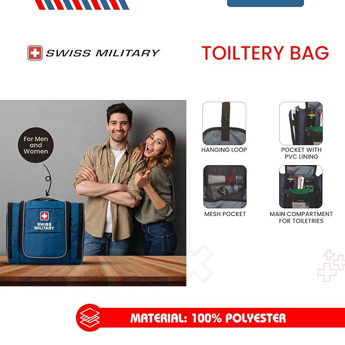 Swiss Military Unisex 5L Water-Resistant Toiletry Bag for Travel with Multiple Compartments, Quick Access Pocket, Durable Zippers, Organizer for Toiletries, Makeup and Essentials Pouch-Blue - Image 3