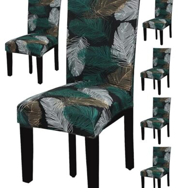 House of Quirk Elastic Chair Cover Stretch Removable Washable Short Dining Chair Cover Protector Seat Slipcover - (Green Fern) (Pack of 6, Polyester, Printed)