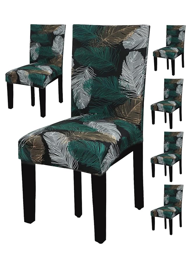 House of Quirk Elastic Chair Cover Stretch Removable Washable Short Dining Chair Cover Protector Seat Slipcover - (Green Fern) (Pack of 6, Polyester, Printed)