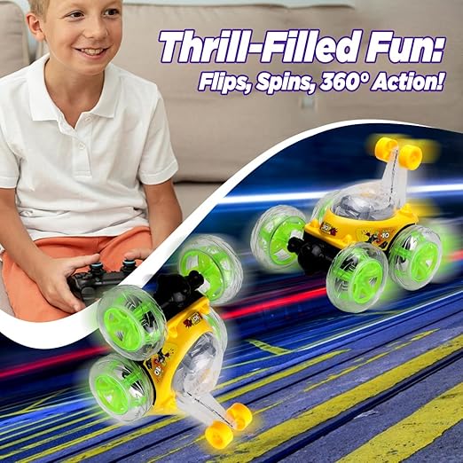 Gooyo 9802 Rechargeable 5 Functions 360? Rotating & Rolling Big Stunt Car Toy with USB Cable & Remote Controller with Demo Feature | Yellow Color, Power Source: Lithium Battery in Car (Included) - Image 4