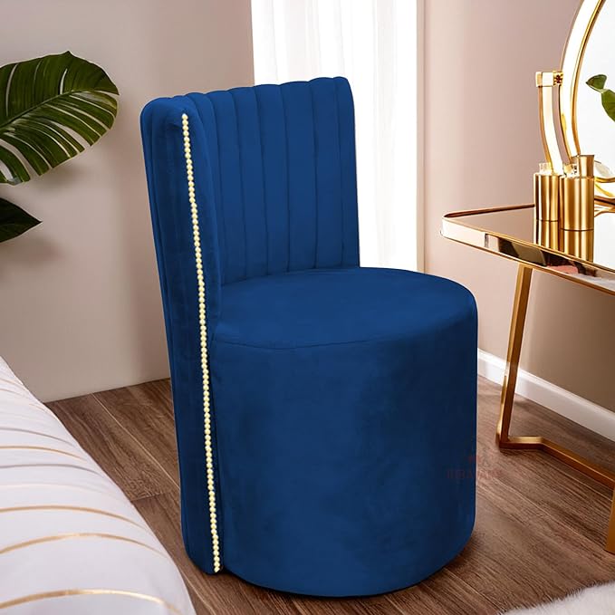 Luxury Velvet Ottoman Chair Pouffe Stool?Modern Round Soft-Padded Chair for Dining Room, Living Room/Cafeteria Seating/Bedroom and Dressing Area/Ottoman with Backrest (Blue)