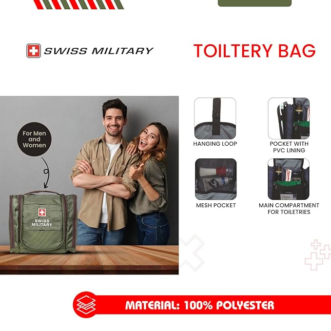 Swiss Military Unisex 5L Water-Resistant Toiletry Bag for Travel with Multiple Compartments, Quick Access Pocket, Durable Zippers, Organizer for Toiletries, Makeup and Essentials Pouch-Green - Image 3