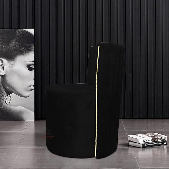 Luxury Velvet Ottoman Chair Pouffe Stool?Modern Round Soft-Padded Chair for Dining Room, Living Room/Cafeteria Seating/Bedroom and Dressing Area/Ottoman with Backrest (Black) - Image 4