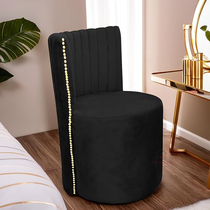 Luxury Velvet Ottoman Chair Pouffe Stool?Modern Round Soft-Padded Chair for Dining Room, Living Room/Cafeteria Seating/Bedroom and Dressing Area/Ottoman with Backrest (Black)