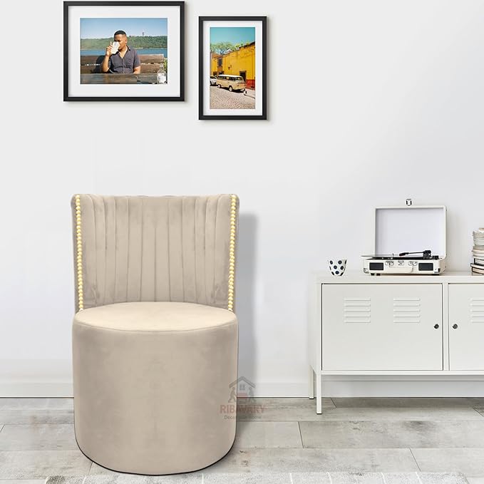 Luxury Velvet Ottoman Chair Pouffe Stool?Modern Round Soft-Padded Chair for Dining Room, Living Room/Cafeteria Seating/Bedroom and Dressing Area/Ottoman with Backrest (Cream) - Image 3