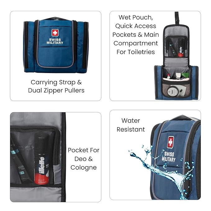 Swiss Military Unisex 5L Water-Resistant Toiletry Bag for Travel with Multiple Compartments, Quick Access Pocket, Durable Zippers, Organizer for Toiletries, Makeup and Essentials Pouch-Blue - Image 2