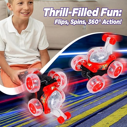 Gooyo 9802 Rechargeable 5 Functions 360? Rotating & Rolling Big Stunt Car Toy with USB Cable & Remote Controller with Demo Feature | Red Color, Power Source: Lithium Battery in Car (Included) - Image 2