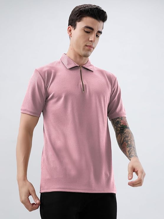 KAJARU Men's Polyster Blend Regular Fit T-Shirt with Half Sleeve Chain Polo Collar V-Neck Standard Length and Classic Style - Image 2