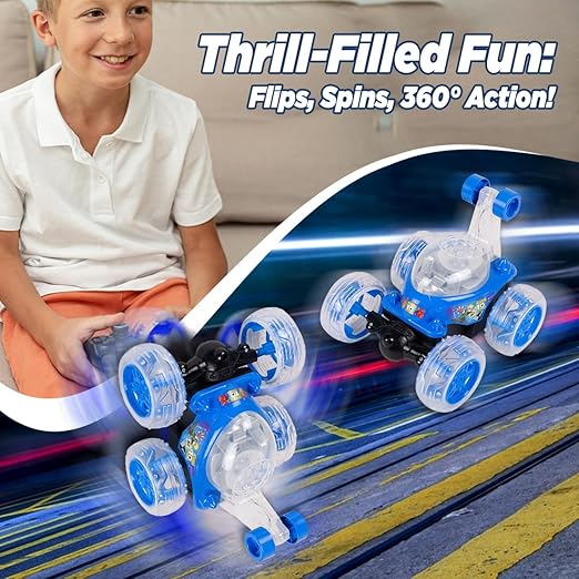 Gooyo 9802 Rechargeable 5 Functions 360? Rotating & Rolling Big Stunt Car Toy with USB Cable & Remote Controller with Demo Feature | Blue Color, Power Source: Lithium Battery in Car (Included) - Image 3