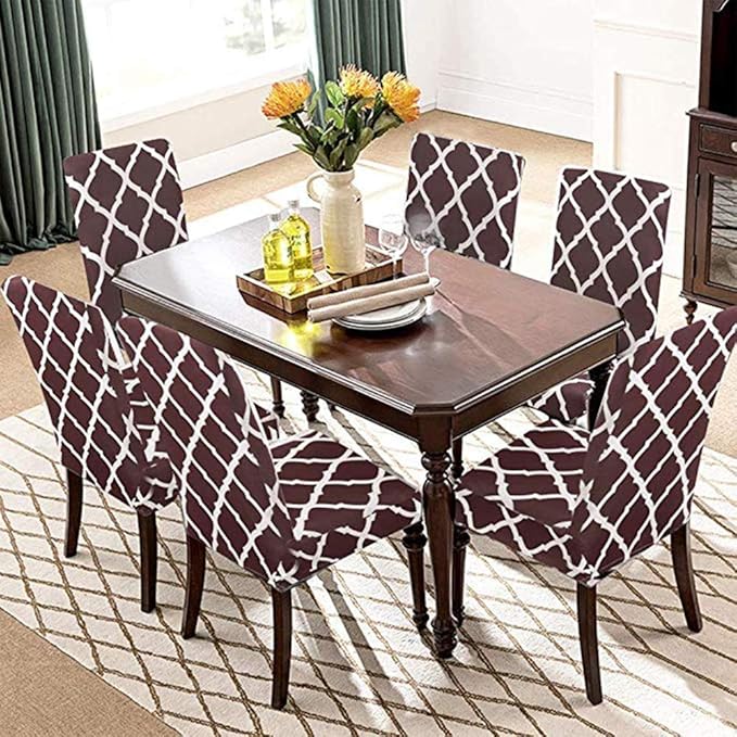 House of Quirk Elastic Chair Cover Stretch Removable Washable Short Dining Chair Cover Protector Seat Slipcover - Brown Diamond (Pack of 6, Polyester, Printed) - Image 3