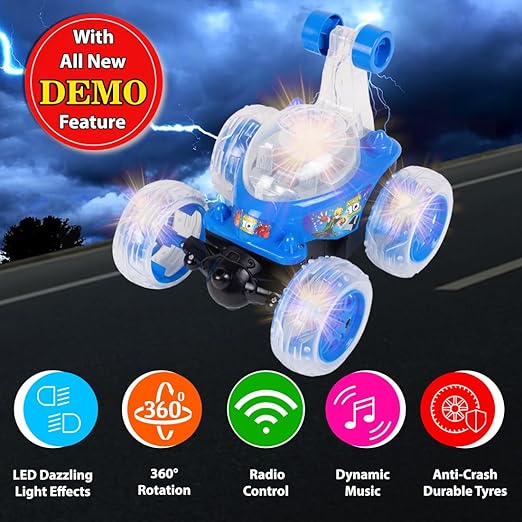 Gooyo 9802 Rechargeable 5 Functions 360? Rotating & Rolling Big Stunt Car Toy with USB Cable & Remote Controller with Demo Feature | Blue Color, Power Source: Lithium Battery in Car (Included) - Image 4