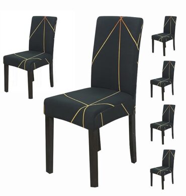 House of Quirk Elastic Chair Cover Stretch Removable Washable Short Dining Chair Cover Protector Seat Slipcover - (Green/Gold Prism) (Pack of 6, Polyester, Printed)
