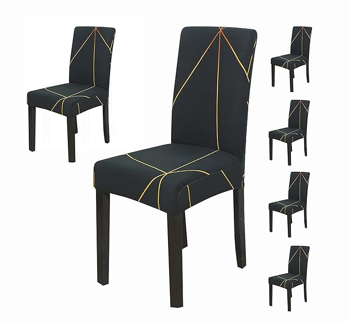 House of Quirk Elastic Chair Cover Stretch Removable Washable Short Dining Chair Cover Protector Seat Slipcover - (Green/Gold Prism) (Pack of 6, Polyester, Printed)