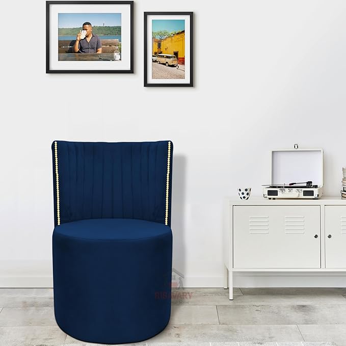 Luxury Velvet Ottoman Chair Pouffe Stool?Modern Round Soft-Padded Chair for Dining Room, Living Room/Cafeteria Seating/Bedroom and Dressing Area/Ottoman with Backrest (Blue) - Image 2