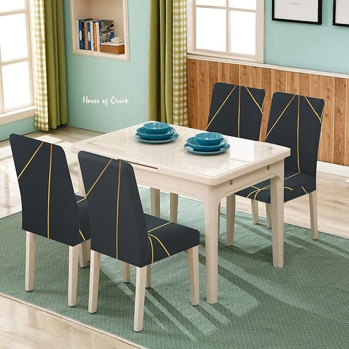 House of Quirk Elastic Chair Cover Stretch Removable Washable Short Dining Chair Cover Protector Seat Slipcover - (Green/Gold Prism) (Pack of 6, Polyester, Printed) - Image 3