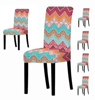 House of Quirk Elastic Chair Cover Stretch Removable Washable Short Dining Chair Cover Protector Seat Slipcover - (Zigzag Bohemian) (Pack of 6, Polyester, Printed)
