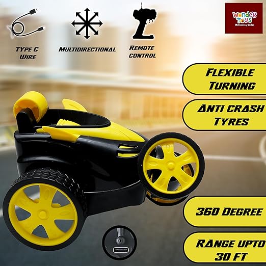 Wonder Toys 360? Stunt, Flip, Rotating & Rolling RC Car for Kids ? Rechargeable RC Car with Dual Motors, Flexible Turning & Anti-Crash Tyres | Remote Control Toy with USB Charger | Yellow Edition - Image 4