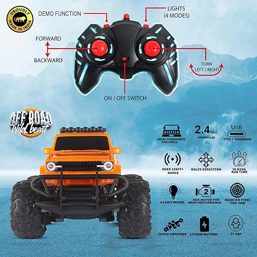 Popsugar Off Roader Rechargeable Remote Control Monster Truck with 4 Headlight Modes | Lithium Battery | C-Type Charging | Remote Control Car for Kids | Made in India, Orange - Image 4