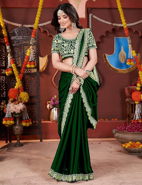 Women's Silk Saree with Embroidered Blouse Piece, Green, Traditional Party Wear with Gold Border and Hand Work Lace - Image 4