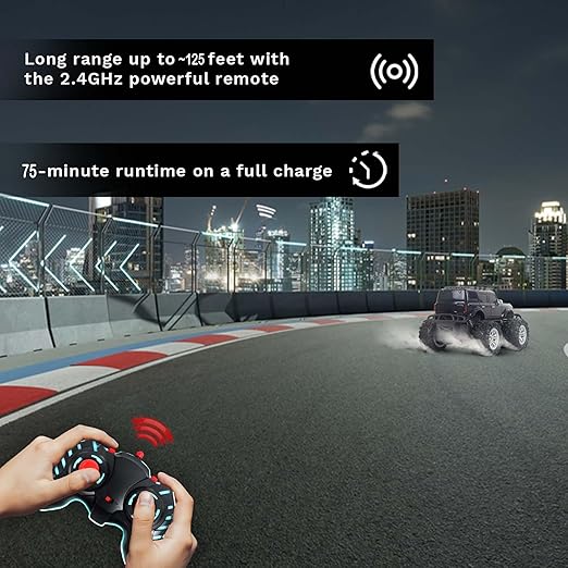 Popsugar Off Roader Rechargeable Remote Control Monster Truck with 4 Headlight Modes | Lithium Battery | C-Type Charging | Remote Control Car for Kids | Made in India, Black - Image 2