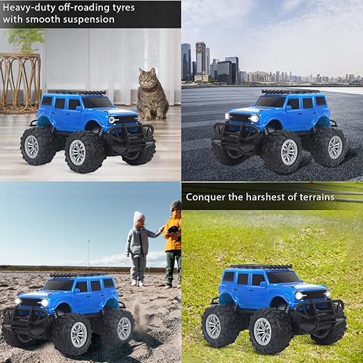 Popsugar Off Roader Rechargeable Remote Control Monster Truck with 4 Headlight Modes | Lithium Battery | C-Type Charging | Remote Control Car for Kids | Made in India, Blue - Image 4
