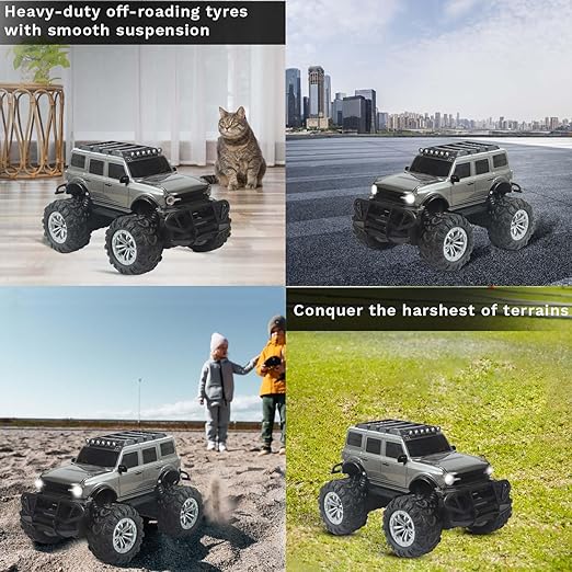 Popsugar Off Roader Rechargeable Remote Control Monster Truck with 4 Headlight Modes | Lithium Battery | C-Type Charging | Remote Control Car for Kids | Made in India, Grey - Image 2