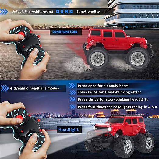 Popsugar Off Roader Rechargeable Remote Control Monster Truck with 4 Headlight Modes | Lithium Battery | C-Type Charging | Remote Control Car for Kids | Made in India, Red - Image 2