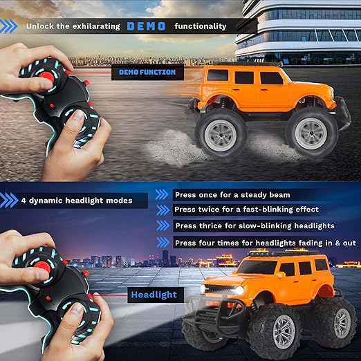 Popsugar Off Roader Rechargeable Remote Control Monster Truck with 4 Headlight Modes | Lithium Battery | C-Type Charging | Remote Control Car for Kids | Made in India, Orange - Image 3