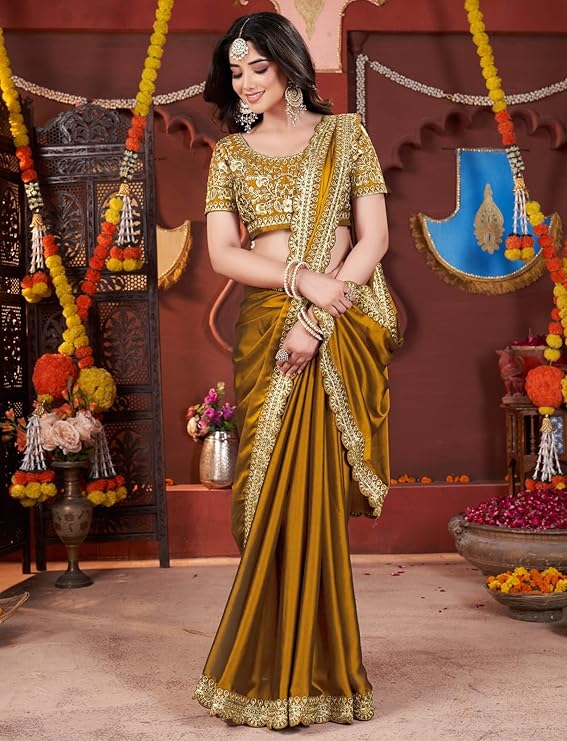 Women's Silk Saree with Embroidered Blouse Piece, Traditional Party Wear with Gold Border and Hand Work Lace - Image 3