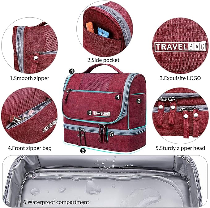 Seagull flight of fashion Polyester Toiletry Bag for Travel, Toiletry Organizer Pouch with Hook, Travel Accessories Kit Pouch for Men & Women - 24 x 20 x 13 cm - Wine Red - Image 4