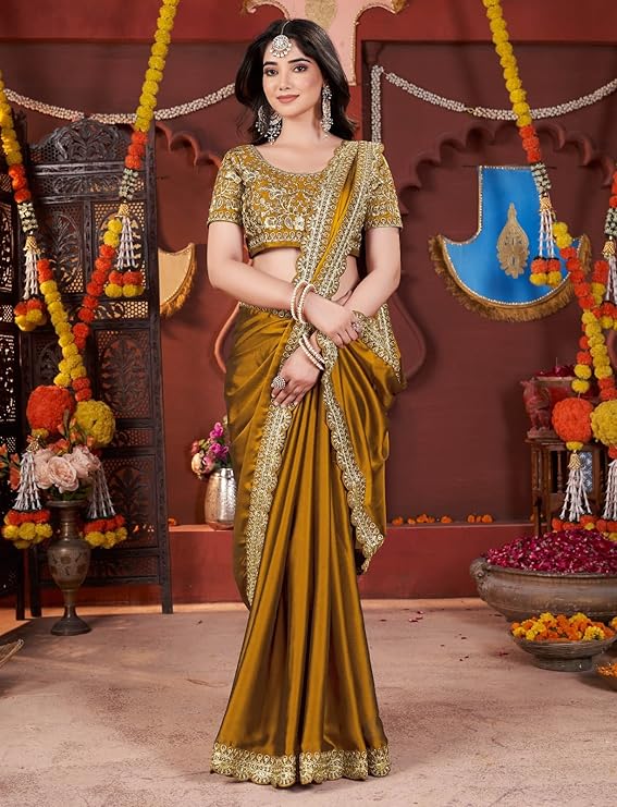 Women's Silk Saree with Embroidered Blouse Piece, Traditional Party Wear with Gold Border and Hand Work Lace - Image 4