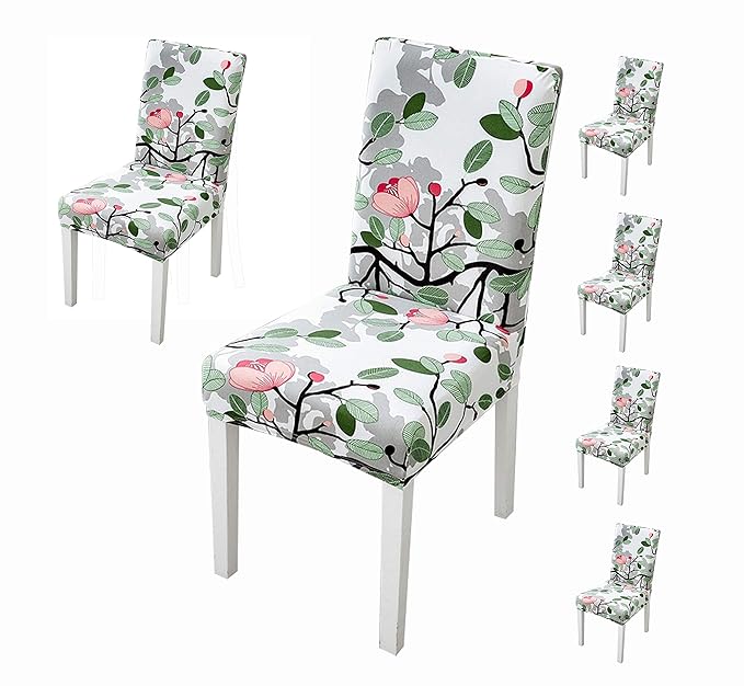 House of Quirk Elastic Chair Cover Stretch Removable Washable Short Dining Chair Cover Protector Seat Slipcover - (Leaf Pink) (Pack of 6, Polyester, Printed)