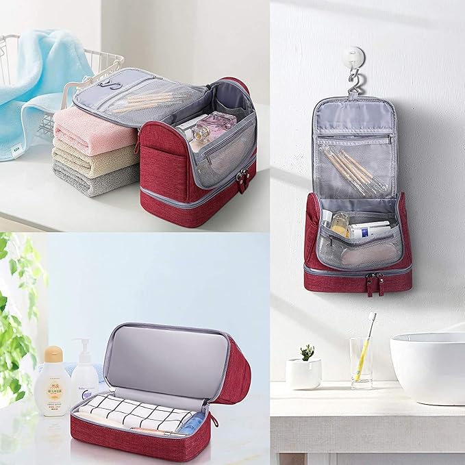 Seagull flight of fashion Polyester Toiletry Bag for Travel, Toiletry Organizer Pouch with Hook, Travel Accessories Kit Pouch for Men & Women - 24 x 20 x 13 cm - Wine Red - Image 3