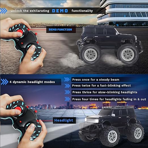 Popsugar Off Roader Rechargeable Remote Control Monster Truck with 4 Headlight Modes | Lithium Battery | C-Type Charging | Remote Control Car for Kids | Made in India, Black - Image 4