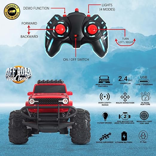 Popsugar Off Roader Rechargeable Remote Control Monster Truck with 4 Headlight Modes | Lithium Battery | C-Type Charging | Remote Control Car for Kids | Made in India, Red - Image 4