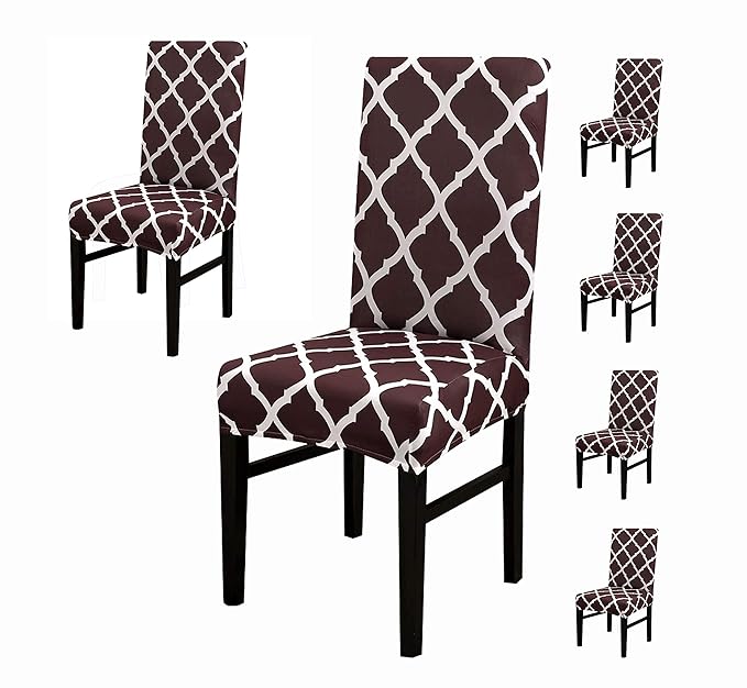 House of Quirk Elastic Chair Cover Stretch Removable Washable Short Dining Chair Cover Protector Seat Slipcover - Brown Diamond (Pack of 6, Polyester, Printed)