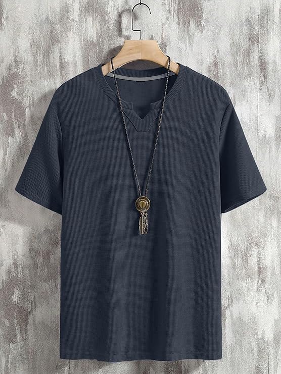 Men's Waffle Knitted V Neck|T Shirt for Man|Waffle|Cotton|Casual| Regular Fit Tees - Image 2