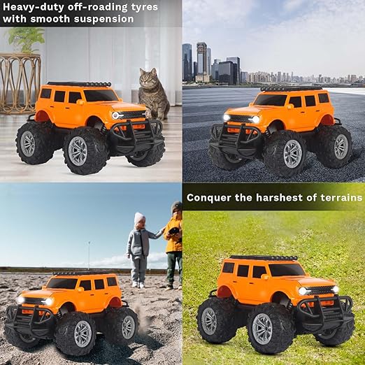 Popsugar Off Roader Rechargeable Remote Control Monster Truck with 4 Headlight Modes | Lithium Battery | C-Type Charging | Remote Control Car for Kids | Made in India, Orange - Image 2
