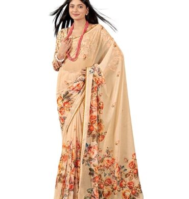 Garden Vareli Floral Printed Slub Taspa Saree With Unstitched Blouse Piece