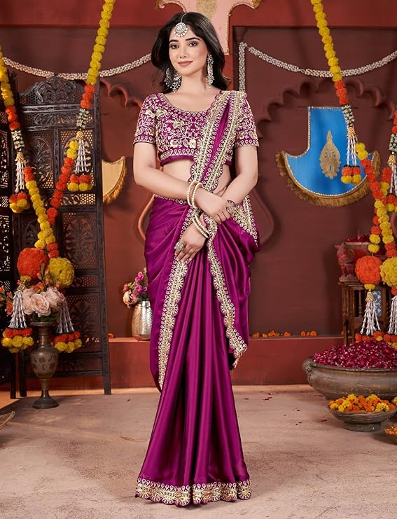Women's Silk Saree with Embroidered Blouse Piece, Traditional Party Wear with Gold Border and Hand Work Lace - Image 4