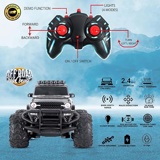 Popsugar Off Roader Rechargeable Remote Control Monster Truck with 4 Headlight Modes | Lithium Battery | C-Type Charging | Remote Control Car for Kids | Made in India, Grey - Image 4