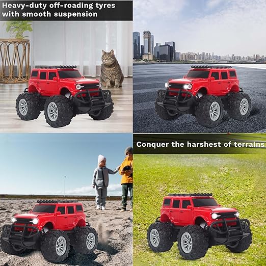 Popsugar Off Roader Rechargeable Remote Control Monster Truck with 4 Headlight Modes | Lithium Battery | C-Type Charging | Remote Control Car for Kids | Made in India, Red - Image 3