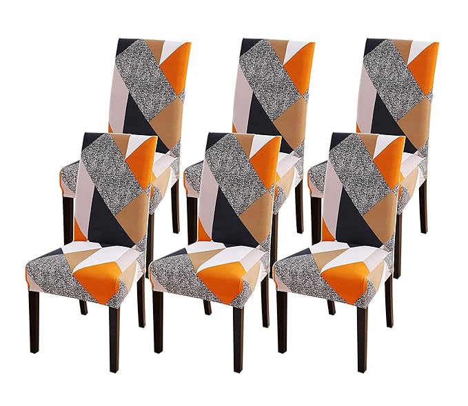 House of Quirk Elastic Chair Cover Stretch Removable Washable Short Dining Chair Cover Protector Seat Slipcover - (Multicolour) (Pack of 6, Polyester, Printed)