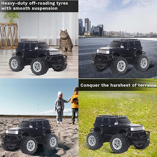 Popsugar Off Roader Rechargeable Remote Control Monster Truck with 4 Headlight Modes | Lithium Battery | C-Type Charging | Remote Control Car for Kids | Made in India, Black - Image 3
