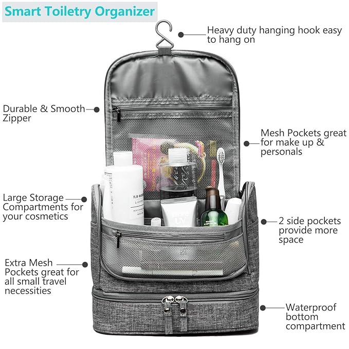 Seagull flight of fashion Polyester Toiletry Bag for Travel, Toiletry Organizer Pouch with Hook, Travel Accessories Kit Pouch for Men & Women - 24 x 20 x 13 cm - Grey - Image 3