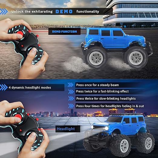 Popsugar Off Roader Rechargeable Remote Control Monster Truck with 4 Headlight Modes | Lithium Battery | C-Type Charging | Remote Control Car for Kids | Made in India, Blue - Image 2