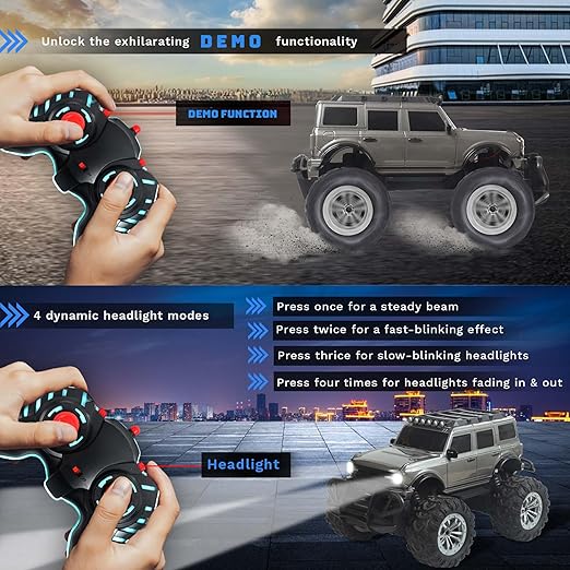 Popsugar Off Roader Rechargeable Remote Control Monster Truck with 4 Headlight Modes | Lithium Battery | C-Type Charging | Remote Control Car for Kids | Made in India, Grey - Image 3