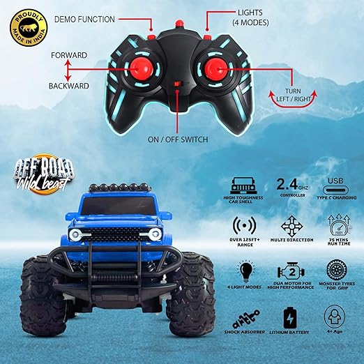 Popsugar Off Roader Rechargeable Remote Control Monster Truck with 4 Headlight Modes | Lithium Battery | C-Type Charging | Remote Control Car for Kids | Made in India, Blue - Image 3