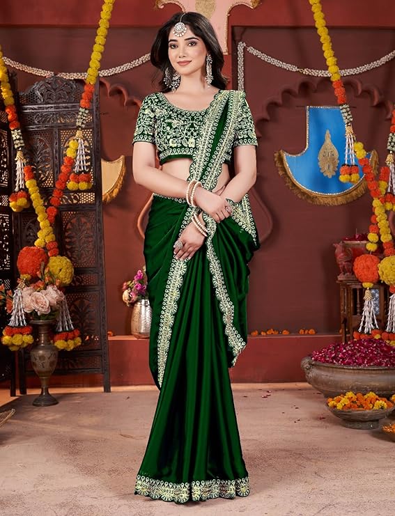 Women's Silk Saree with Embroidered Blouse Piece, Green, Traditional Party Wear with Gold Border and Hand Work Lace - Image 2